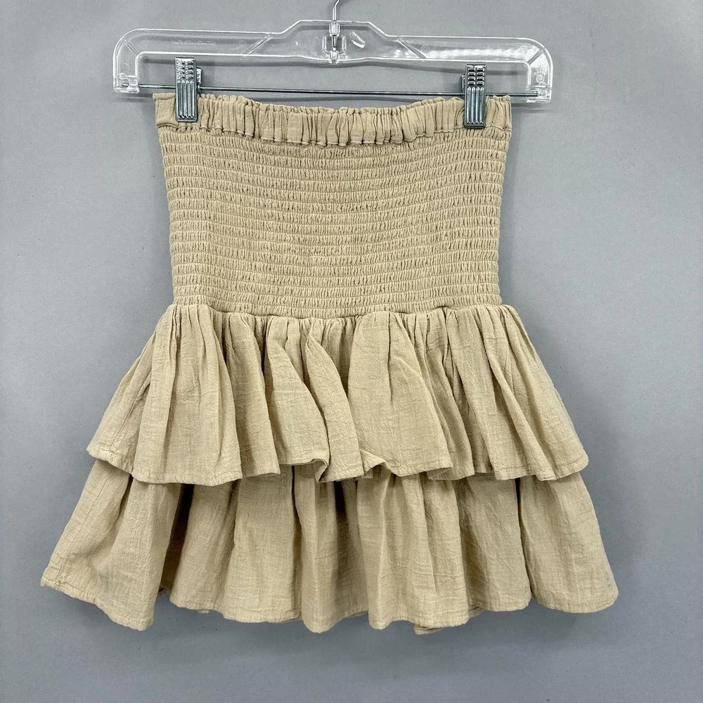 HONORINE Skirt Womens XS Beige‎ Tiered Ruffle Smocked Waist Mini Made in USA